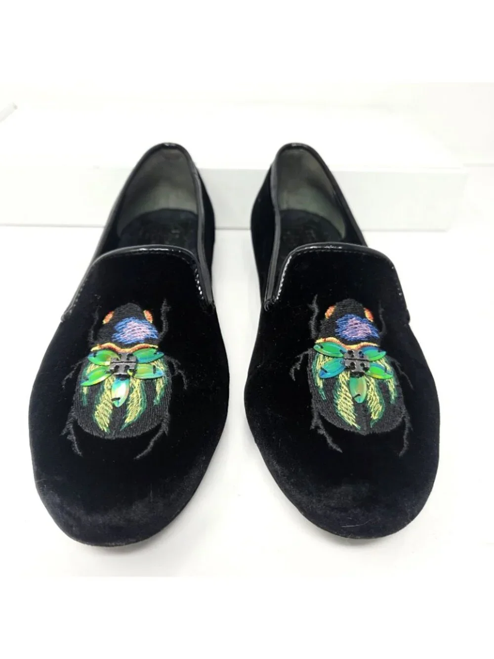 TORY BURCH Easton Black Velvet Slipper Loafer Flats embroidered beetle logo 7 M - Picture 3 of 10